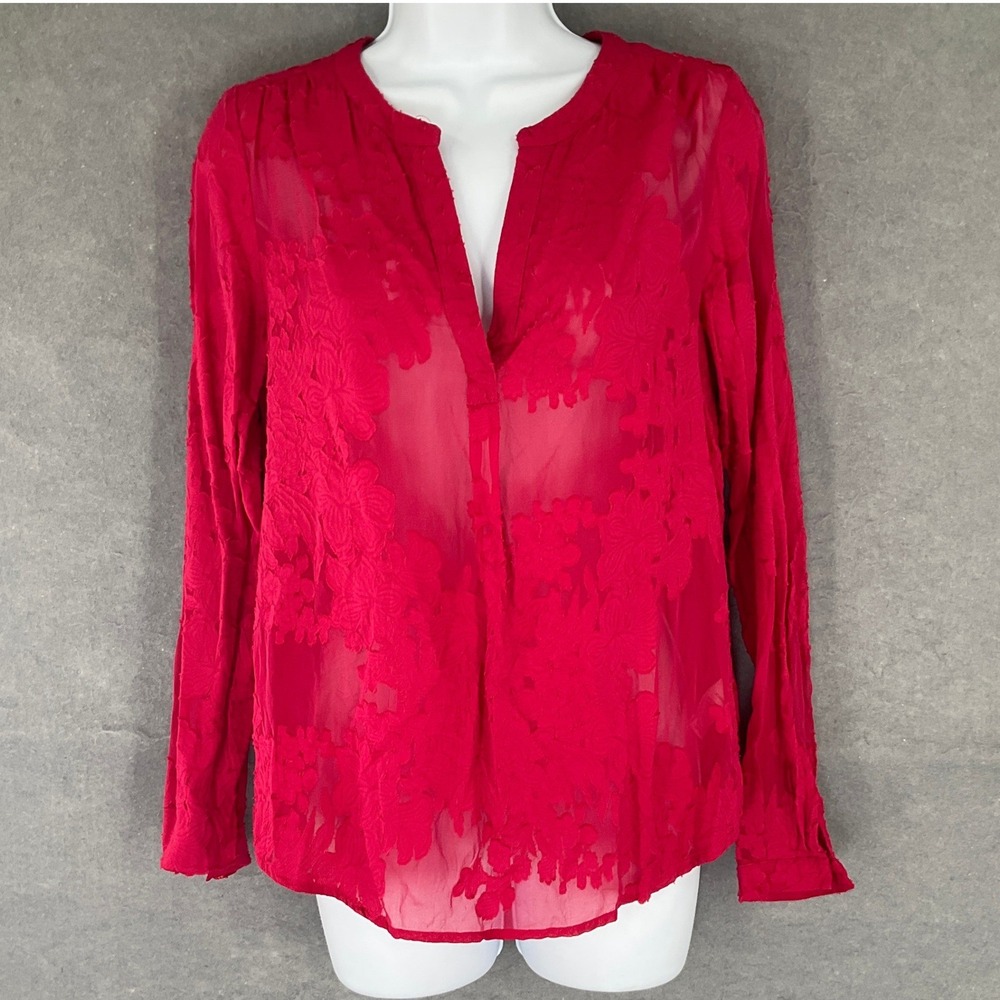 Cynthia Rowley Top Womens Sz XS Red Floral Burnout Sheer Silk Blouse Romantic